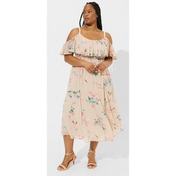 Torrid Sz 12 Chiffon Cold Shoulder Floral Tea Length Chateau Grey Dress NEW! - Picture 1 of 8